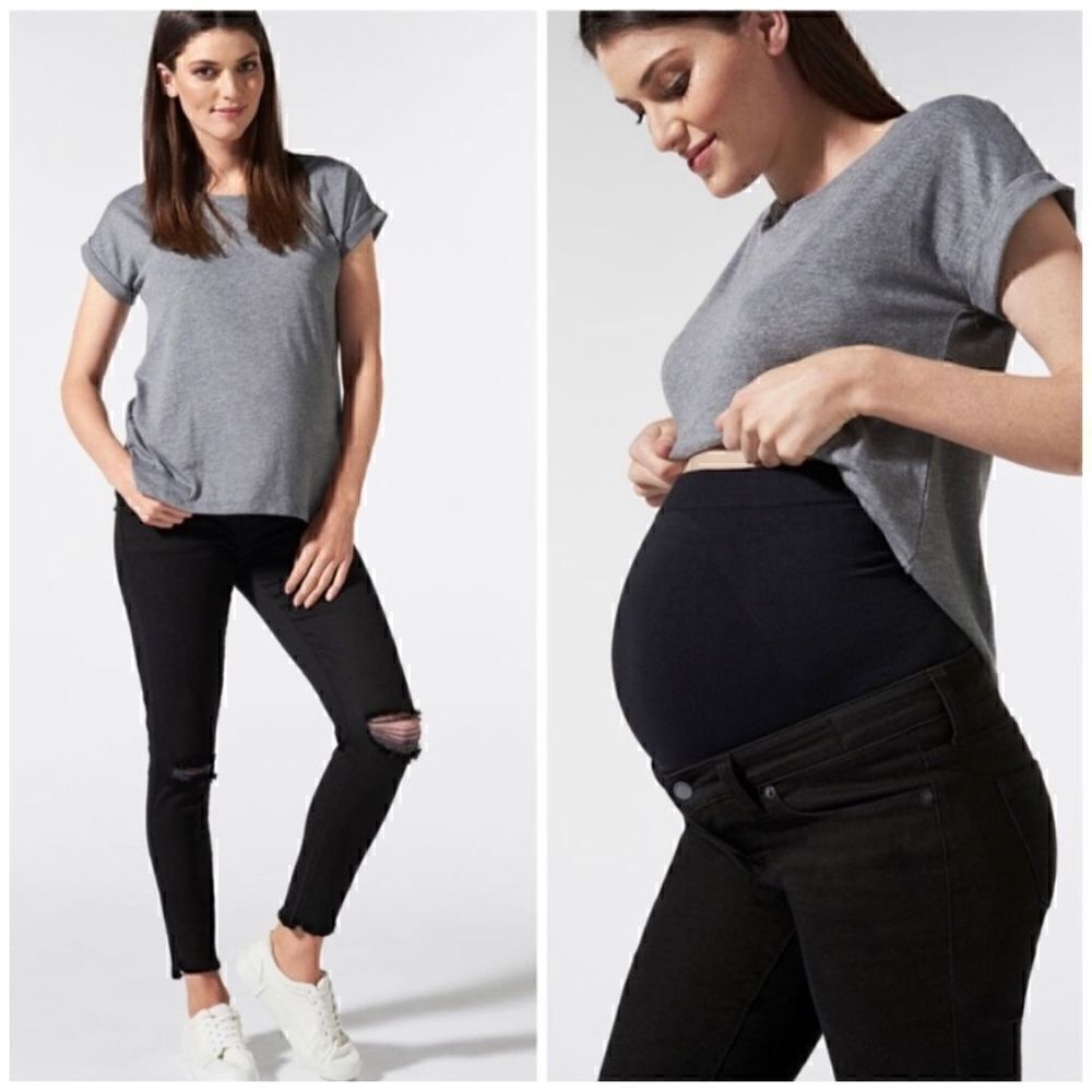 BLANQI maternity belly support black distressed raw step hem jean